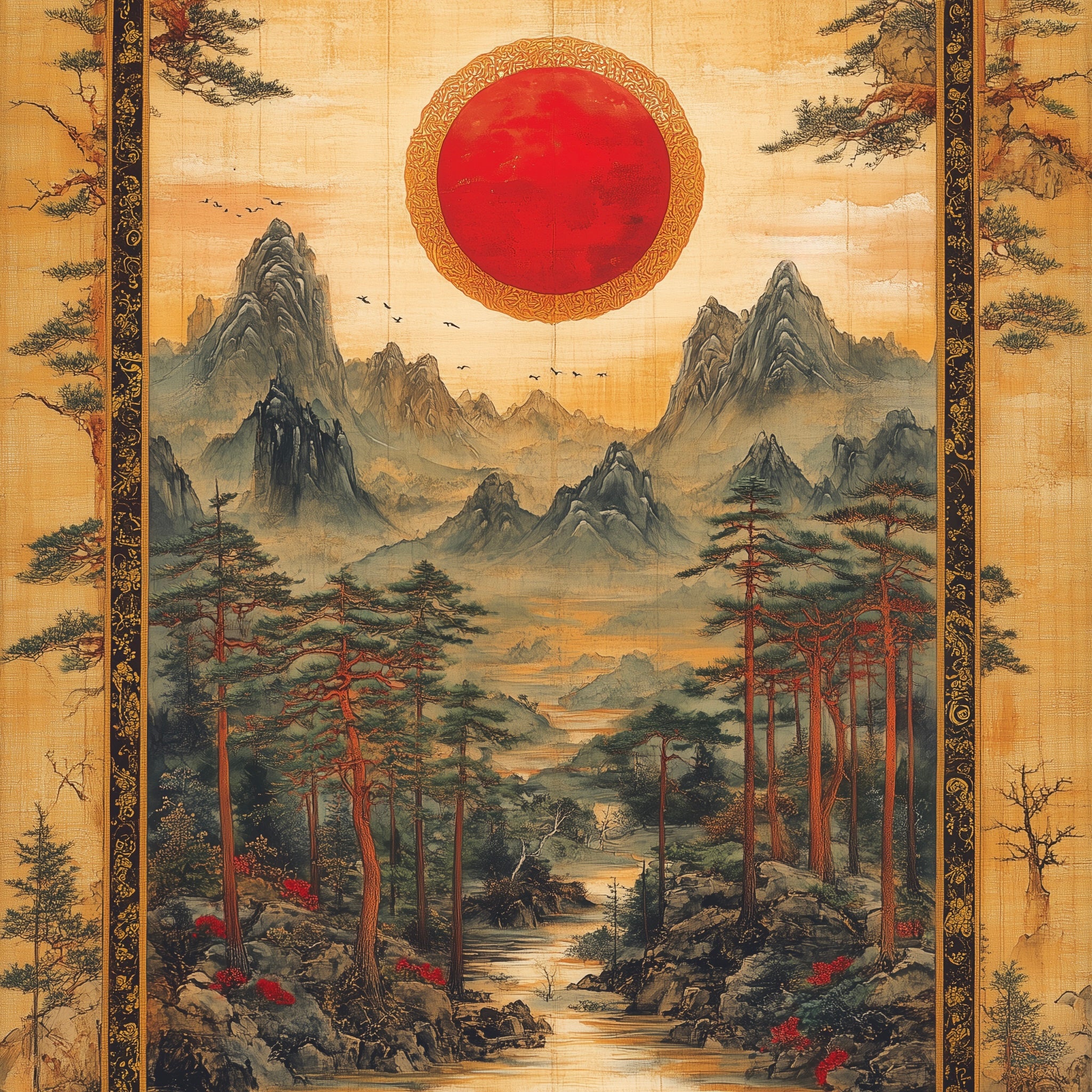 The Red Sun – Minhwa Korean Landscape Digital Art Print | Gallery 1221