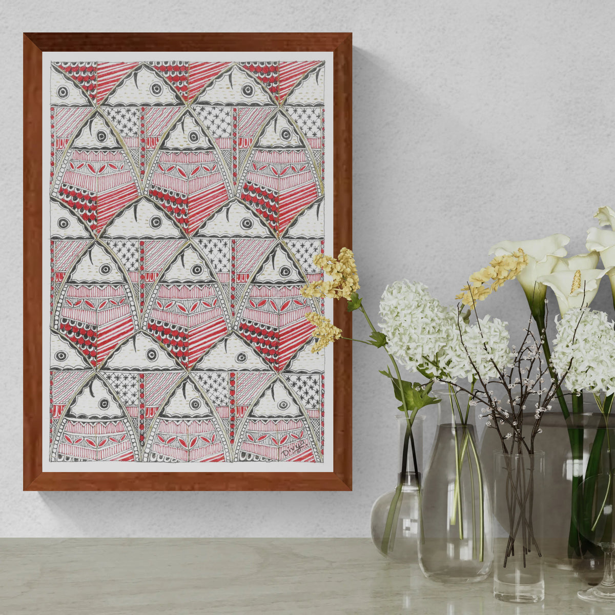 Crimson Currents – Original Madhubani Fish Art Print