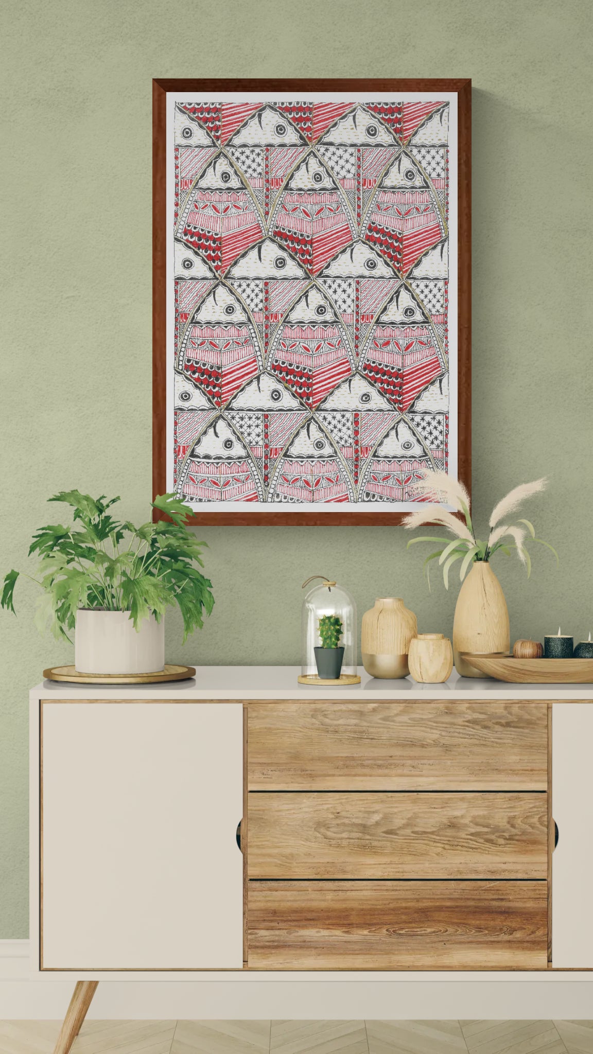 Crimson Currents – Original Madhubani Fish Art Print