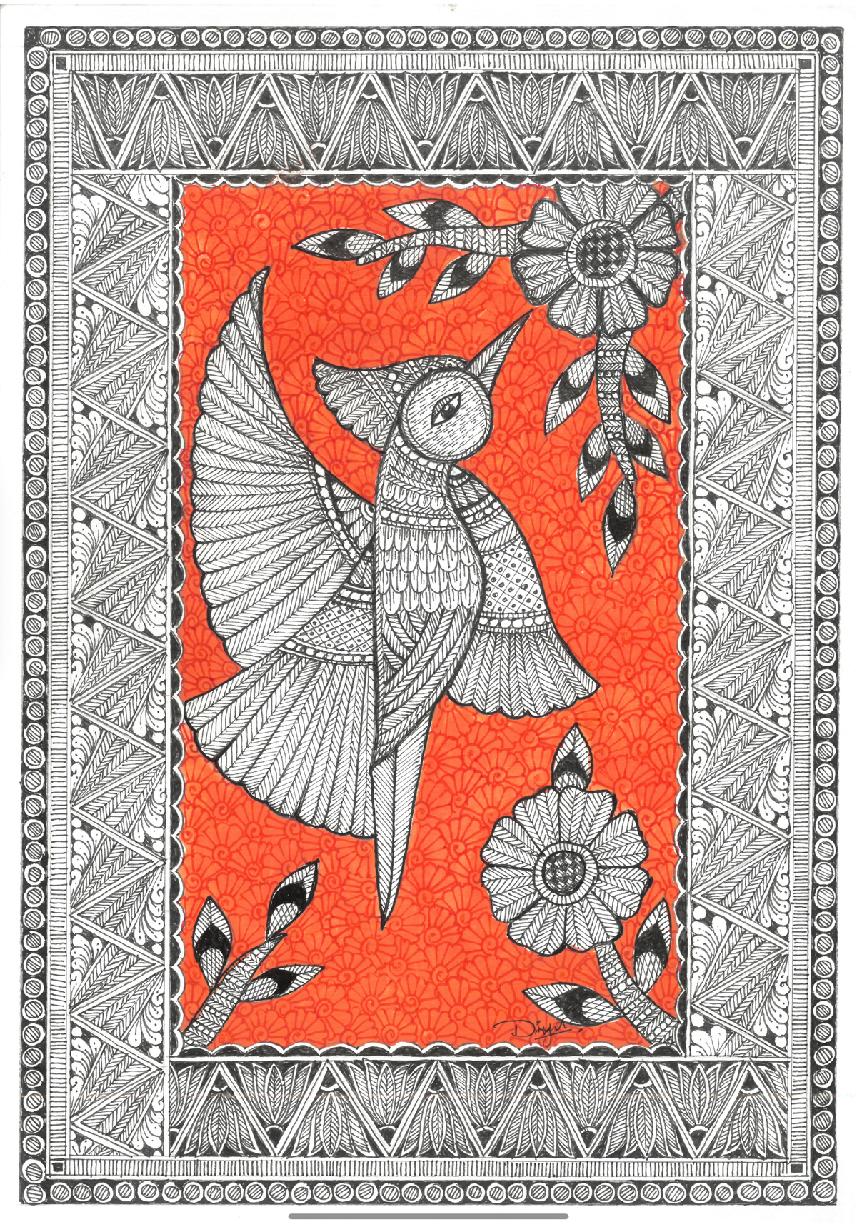 Wings in Bloom –Original Madhubani Bird Art Print