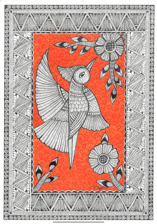 Wings in Bloom –Original Madhubani Bird Art Print